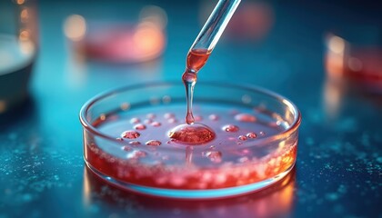 IVF macro concept photo. Pipette drops red liquid into petri dish with cells. Medical science, healthcare, in vitro fertilization, infertility treatment. Embryo creation in lab.