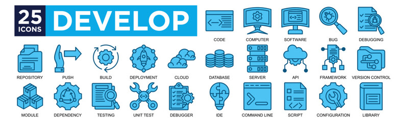 develop icon collection set. Containing Risk Code, Computer, Software, Bug, Debugging,