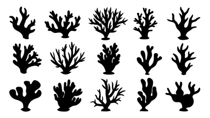 Seaweed silhouettes, coral black icon. Abstract organic shape, underwater plant, matisse element, cute sea doodle.