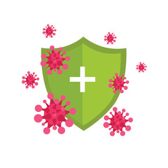 Shield with white cross and red virus cells. Protection against bacteria and viruses
