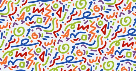 Abstract background featuring a vibrant Memphis-style pattern with colorful geometric doodles. Perfect for wallpapers, packaging, textiles, and creative design projects.