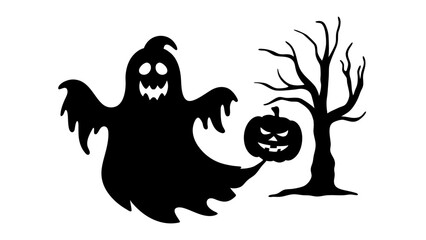 Silhouette of halloween ghost holding a jack-o-lantern pumpkin