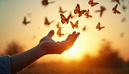 Human hand releases butterflies over sunset. Concept of hope freedom, liberty, peace. Symbol of new life, soul. Orange monarch butterflies. Metaphor for letting go of worries, problems. Nature scene.
