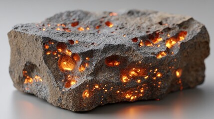 Fototapeta premium A glowing rock features unique holes that emit orange light, surrounded by soft smoke in a controlled studio environment