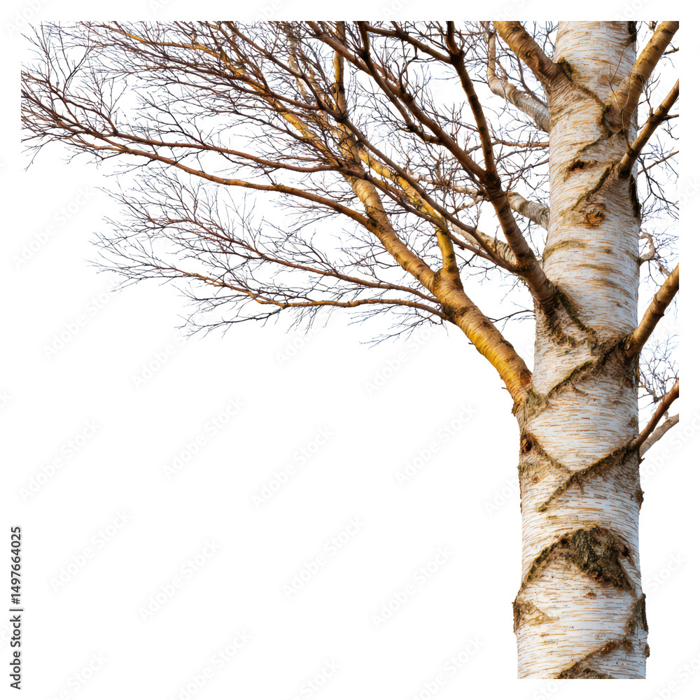 Poster majestic tree trunk displaying intricate bark texture and bare branches, isolated on transparent bac
