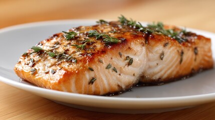 Saffron glaze enhances grilled salmon fillet's flavor while fresh thyme adds a touch of elegance to this exquisite dish