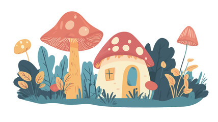 The image is a digital illustration featuring a stylized mushroom house nestled amongst vibrant flora. The primary focus is a small, cream-colored house shaped like a mushroom cap with red polka dots.