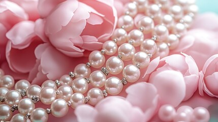 Delicate pearl necklace on a bed of pink flowers