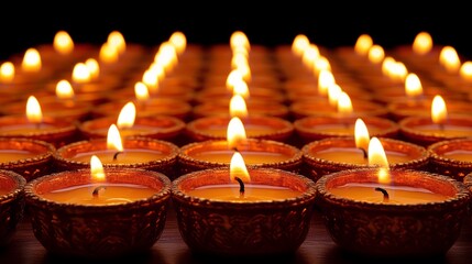 Rows of Burning Candles: Many small candles burning brightly in ornate containers creating a warm and serene atmosphere.