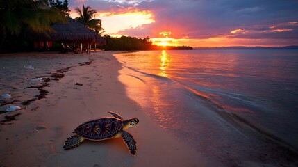 Sunset Serenity: Turtle's Journey on Tropical Beach