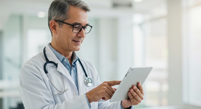 Doctor Using Tablet for Patient Care and Medical Records