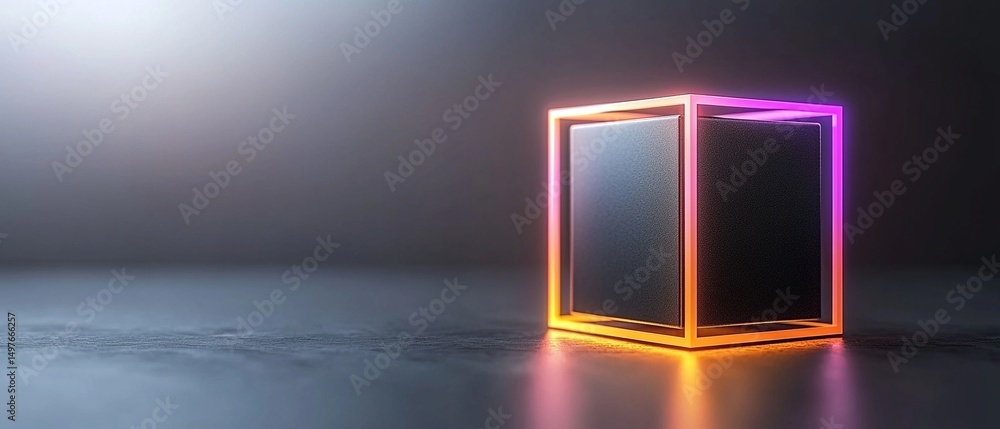 Poster glowing cube with neon frame on dark background