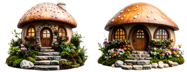 Enchanted Forest Fairy House Made from Acorn Shell with Decorative Stairs, Transparent Background PNG