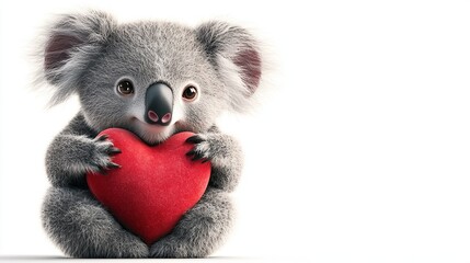 Cute koala hugs a red heart