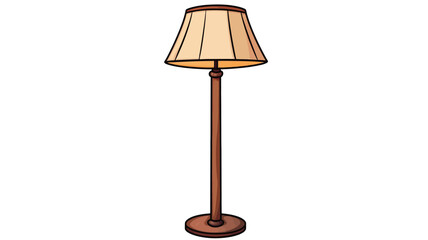 A digital illustration depicts a classic floor lamp. The lamp features a tall, slender, dark brown wooden base and pole. The base is circular. A pleated, light beige fabric lampshade sits atop.