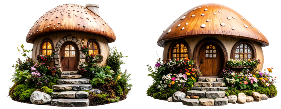 Enchanted Forest Fairy House Made from Acorn Shell with Decorative Stairs, Transparent Background PNG