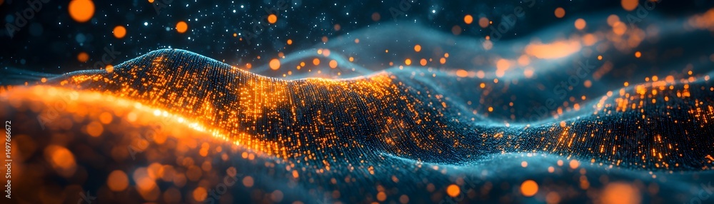 Poster digitally created image showing a complex, dynamic design of swirling orange and dark blue particles