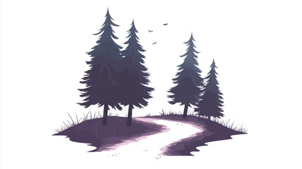 The image is a stylized illustration depicting three silhouetted pine trees on a small hill, with a winding path curving through the scene. The color palette is muted, primarily shades of dark.