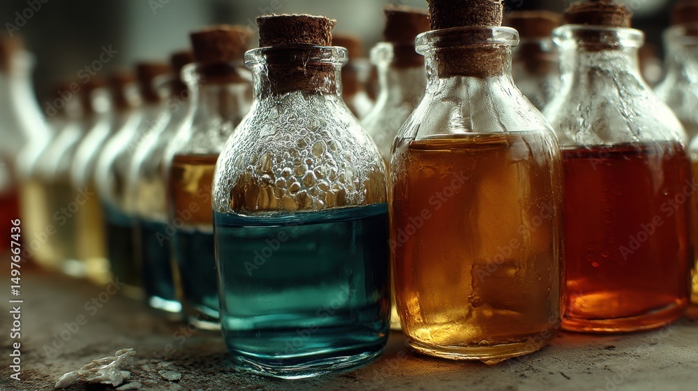 Poster close up view of various small glass bottles with cork stoppers, filled with colorful liquids, arran