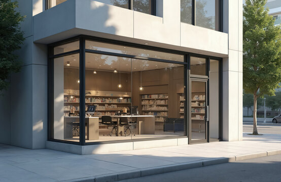 Modern pharmacy building facade. Large windows showcase interior, inviting customers. Contemporary health care shop with medical products, pro services. City urban environment. Accessibility,