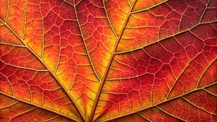 Fototapeta premium Intricate Autumn Leaf Macro Photography Reveals Stunning Vein Details And Vibrant Red And Gold Hues Nature Close Up