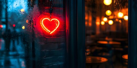 Red neon heart sign hanging in a window with raindrops and blurred city lights at night reflecting