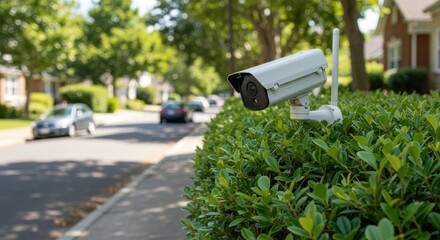Security camera representing home surveillance and safety in suburban setting