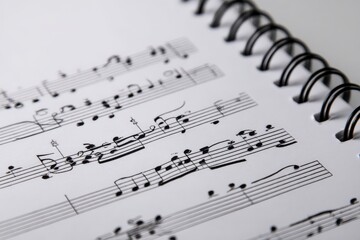 Close-up of sheet music on a spiral-bound notepad. Musical notes and lines fill the page.