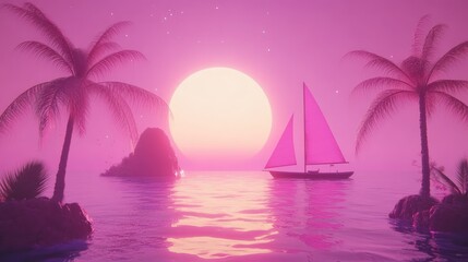 Pink sunset, sailboat, palm trees, tropical island.