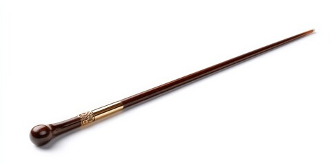 Elegant dark brown walking stick with gold accents, isolated on white.