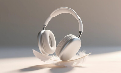 Lightweight White Bluetooth Headphones Resting Delicately on Single White Feather Against Minimalist Background