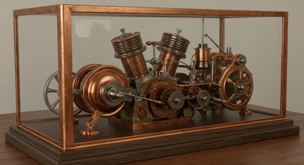 Antique engine model symbolizing industrial heritage and mechanical precision with copper and glass display