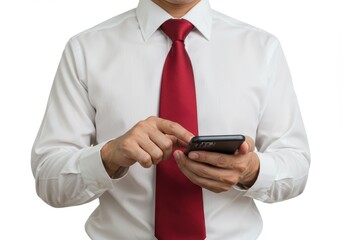Man in shirt and tie using smartphone isolated on white background