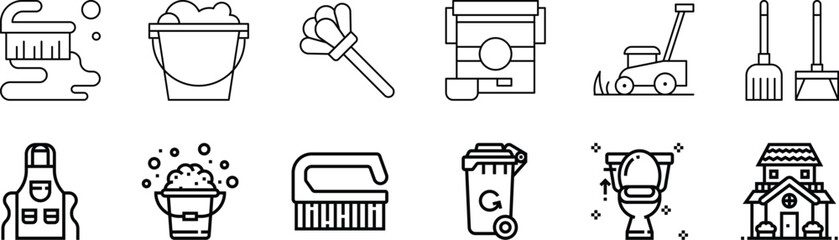 Cleaning Icons Vector Set: Vacuum, Laundry, Iron, Cleaning Supplies, Mop, Gloves, Sponge - Perfect for Housekeeping and Home Maintenance Graphics