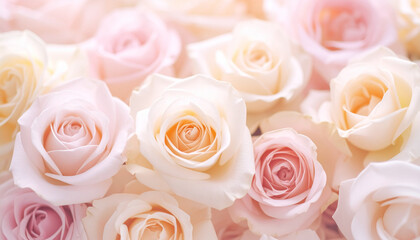Sweet pastel roses with blurred effect, soft floral background pattern, romantic flower design
