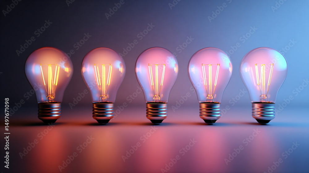 Poster row of light bulbs illuminating with creative ideas. innovation and problem solving concept for busi