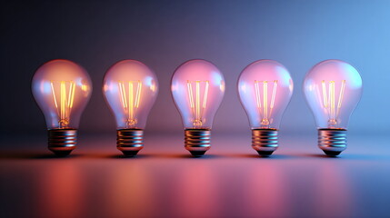 Row of light bulbs illuminating with creative ideas. Innovation and problem solving concept for business development and inspiration.