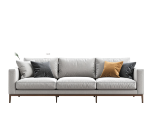 Modern light beige sofa with dark gray and mustard yellow cushions