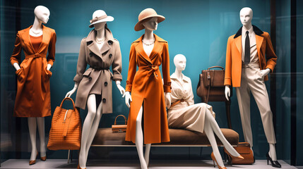 Elegant mannequins in a shop window. Retro style.