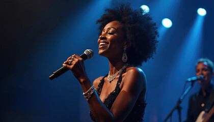 Beautiful black woman singer performs on stage. Wears elegant jewelry, sings into microphone passionately. Soft blue lighting creates glamorous atmosphere. Nightlife, music, concert, entertainment