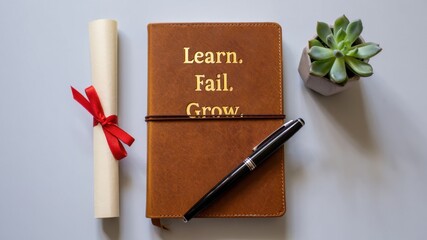 Motivational notebook with phrase "Learn. Fail. Grow." next to diploma scroll, pen, and potted plant symbolizing education journey, student growth, mindset development, academic success, lifelong