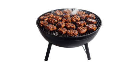 Barbecue Grill With Grilled Meat Patties. Outdoor Cooking And Summer Bbq Concept Isolated On Transparent Background