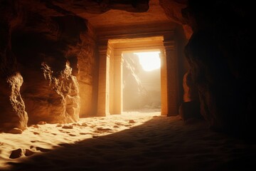 Sunlit entrance of an ancient stone temple carved into a desert cave, with sand covering the ground and a weathered statue nearby.
