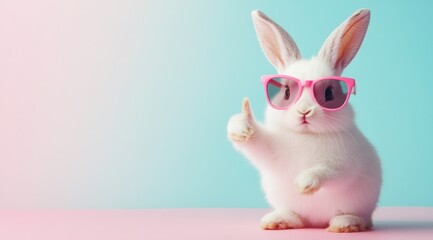 White Rabbit wearing trendy sunglasses. Contemporary colorful background
