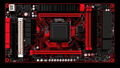 Complex red and black motherboard showcases intricate electronic circuitry design