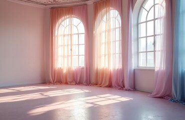 Empty ballet studio bathed in pastel colors, concrete floor side windows. Sunlight streams through pastel drapes, creating soft shadows. Interior design concept, minimalist space, ideal for wedding,
