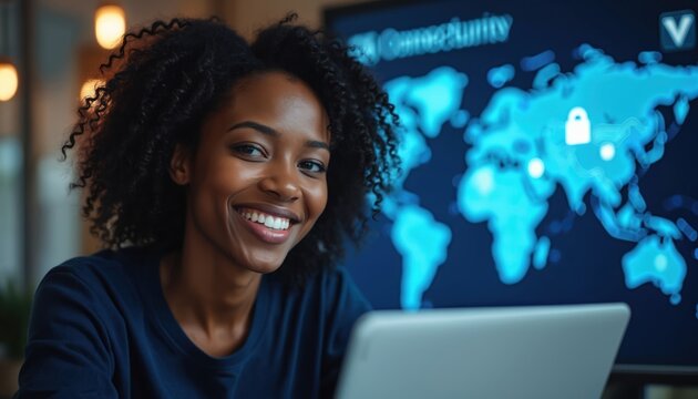 Smiling black woman embraces tech, security on laptop. Global connectivity map background in blue tones. Modern innovation, online cyberspace, network communication, data protection, diverse,