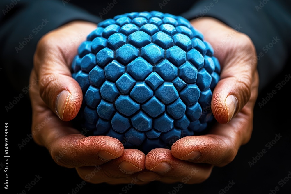 Poster close-up of a person holding a textured blue spherical object with hexagonal patterns, symbolizing i