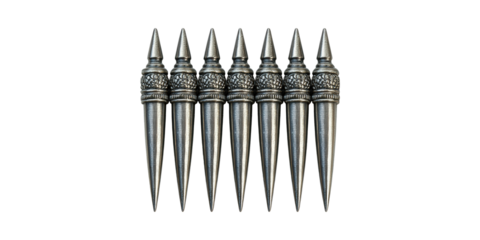 Seven Ornate Metal Spikes In A Row. Decorative Elements For Fencing Or Architecture Isolated On Transparent Background