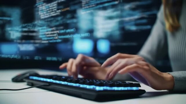 Focus on hands typing on a keyboard in a contemporary office setting. The background features lines of code, illustrating an intense coding session. A glimpse into tech creativity and efficiency.